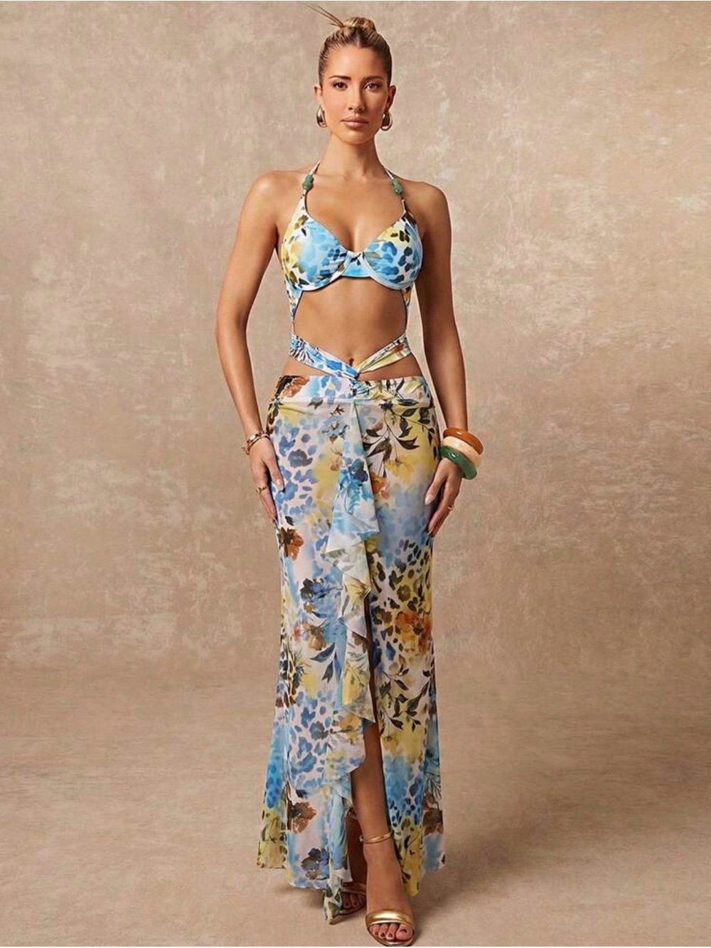 Blue Floral Wrap Cut-out Maxi Dress with leopard print and beaded design